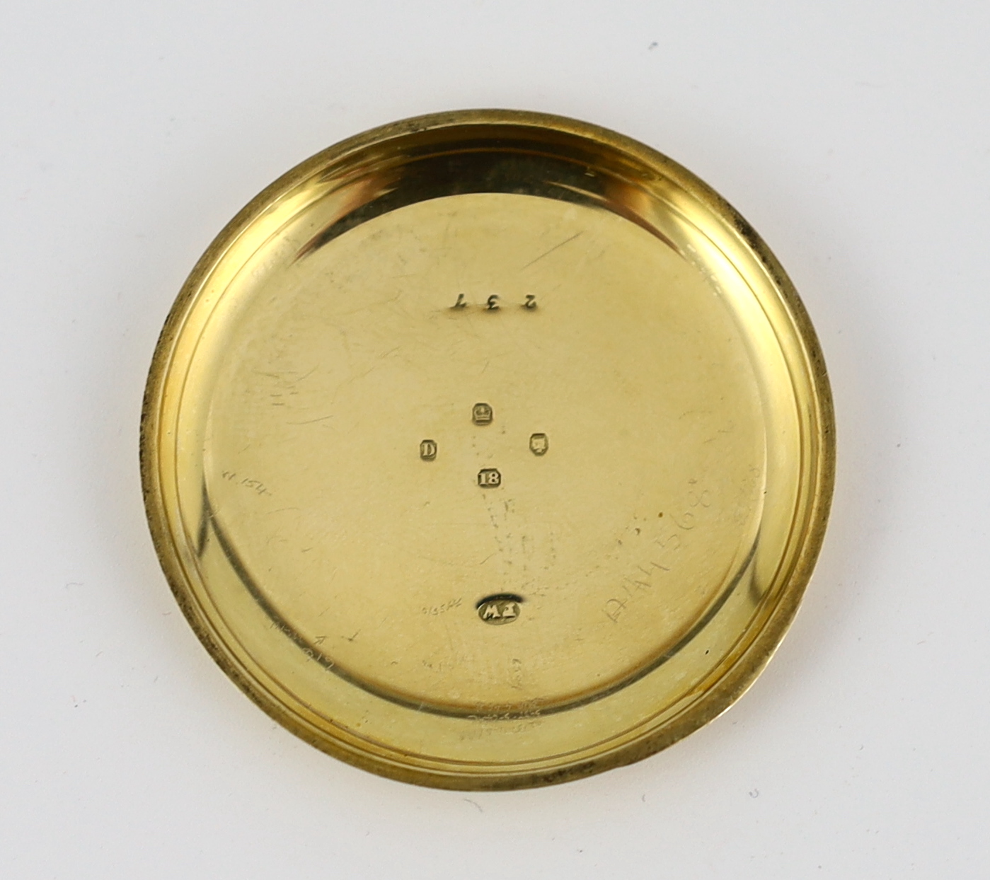 A late Victorian 18ct gold open faced keyless lever pocket watch, by J. Arnold Lake of Camden Town, together with a 9ct gold albert